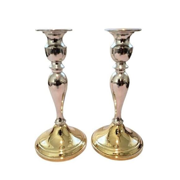 Candlestick Pair Weighted Two-tone Silver Brass Web Pewter Formal Evening - Picture 2 of 10